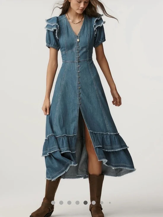 Anthropologie Pilcro Short-Sleeve Ruffled Midi Boho Shirt Dress. brand new - Picture 5 of 11